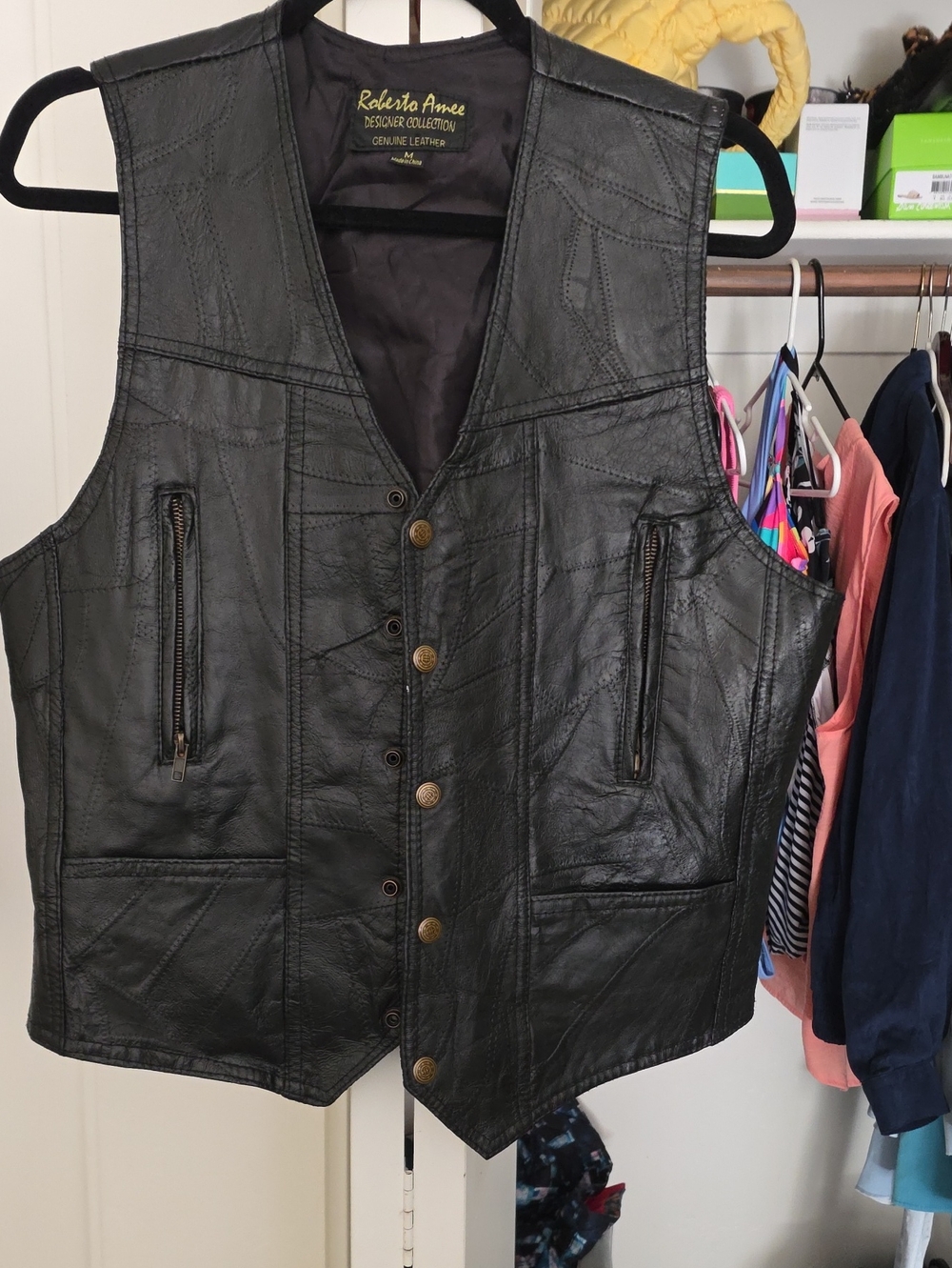 Black Leather Men's Vest - Button Front
